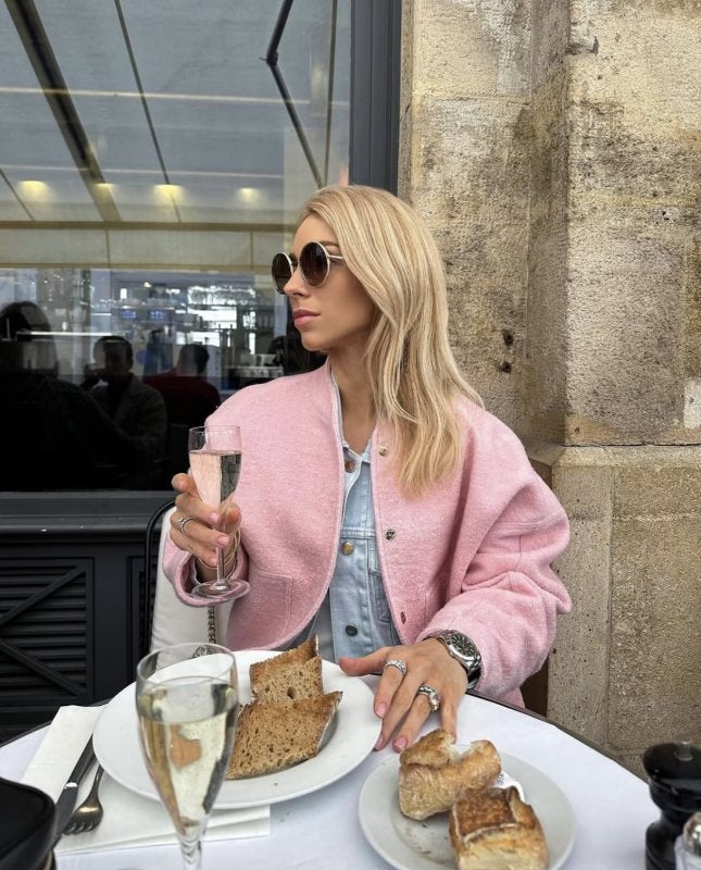 Jackets- Oversized Wool Outerwear | Stand Collar Wool Jacket- Pink- Pekosa Women Clothing