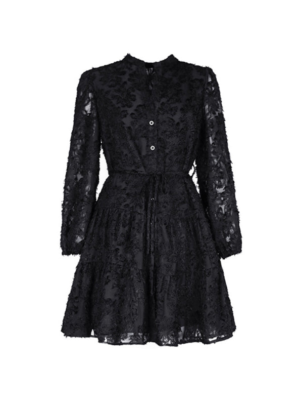 Jacquard Dresses- Jacquard Tiered Button Flounce Sleeve Belted Dress- - Pekosa Women Clothing