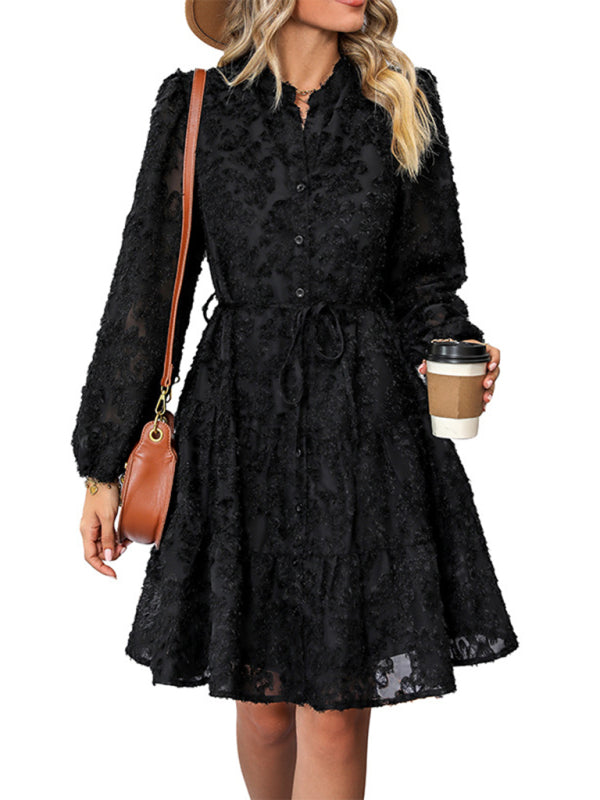 Jacquard Dresses- Jacquard Tiered Button Flounce Sleeve Belted Dress- - Pekosa Women Clothing