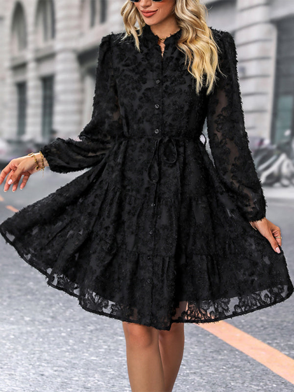 Jacquard Dresses- Jacquard Tiered Button Flounce Sleeve Belted Dress- - Pekosa Women Clothing