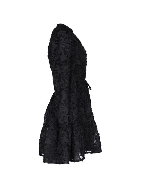 Jacquard Dresses- Jacquard Tiered Button Flounce Sleeve Belted Dress- - Pekosa Women Clothing