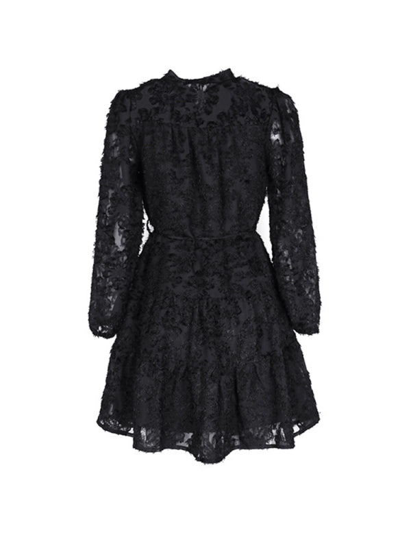 Jacquard Dresses- Jacquard Tiered Button Flounce Sleeve Belted Dress- - Pekosa Women Clothing