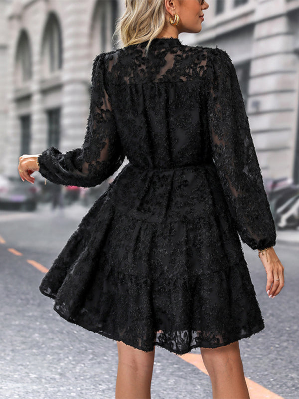 Jacquard Dresses- Jacquard Tiered Button Flounce Sleeve Belted Dress- - Pekosa Women Clothing
