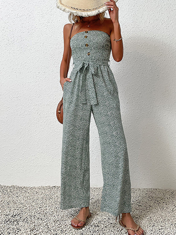 Jumpsuit- Animal Print Tube Jumpsuit - Belted Pantsuits- Green- Pekosa Women Clothing