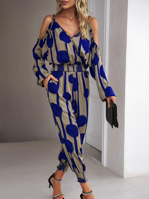 Jumpsuits- Abstract Print Cold Shoulders Long Sleeve Jumpsuit Pantsuit- - Pekosa Women Clothing