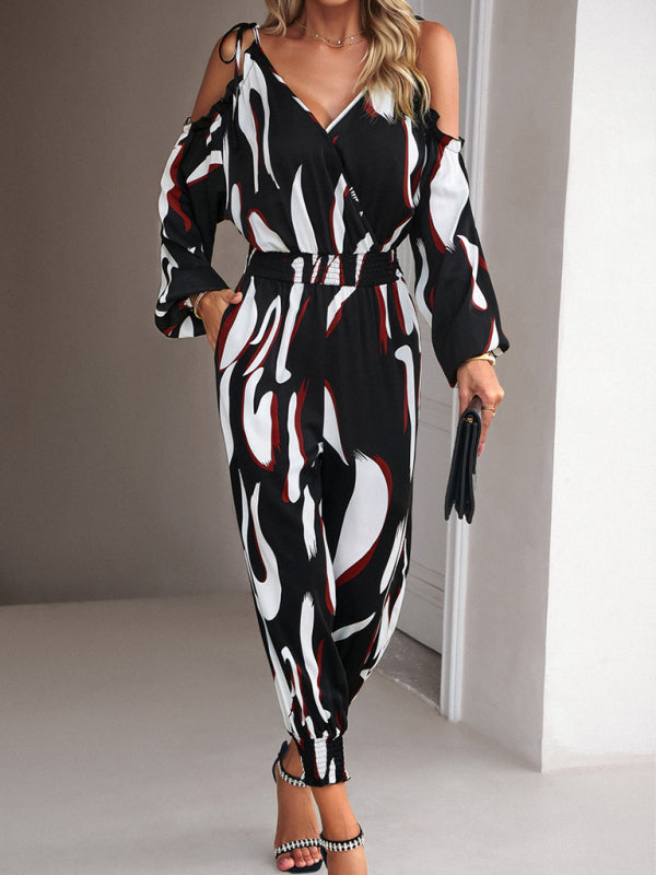 Jumpsuits- Abstract Print Cold Shoulders Long Sleeve Jumpsuit Pantsuit- - Pekosa Women Clothing