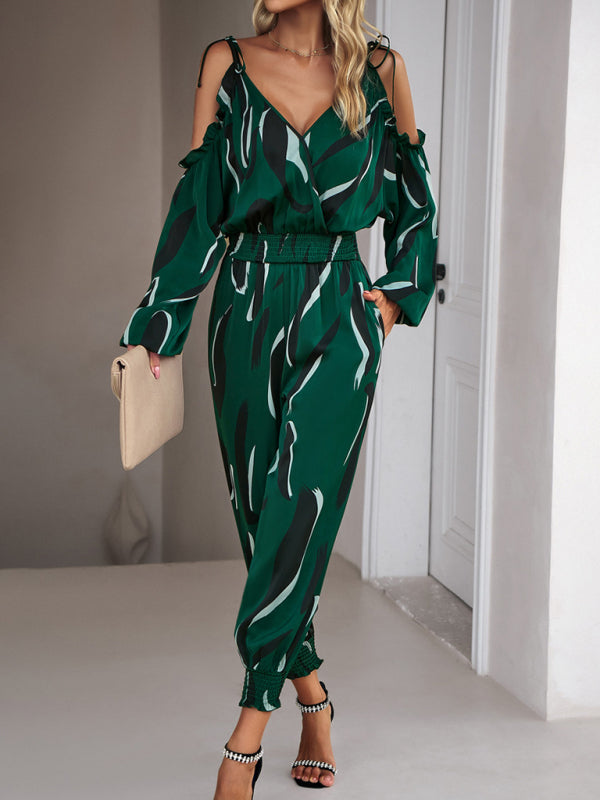 Jumpsuits- Abstract Print Cold Shoulders Long Sleeve Jumpsuit Pantsuit- - Pekosa Women Clothing