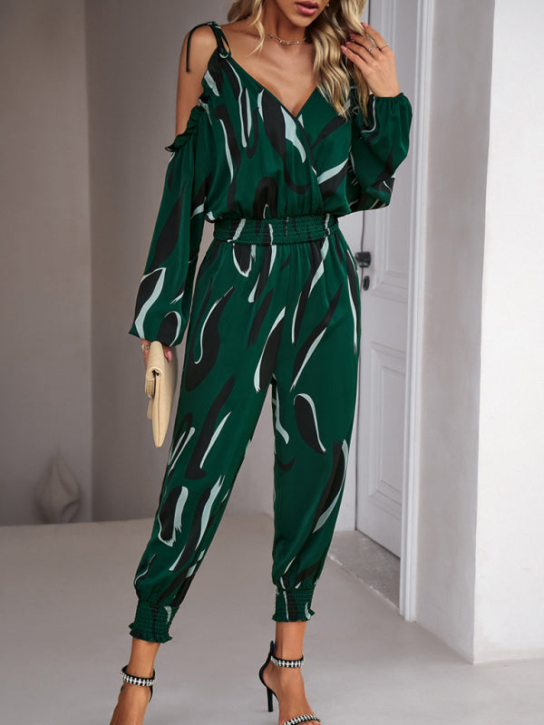 Jumpsuits- Abstract Print Cold Shoulders Long Sleeve Jumpsuit Pantsuit- - Pekosa Women Clothing
