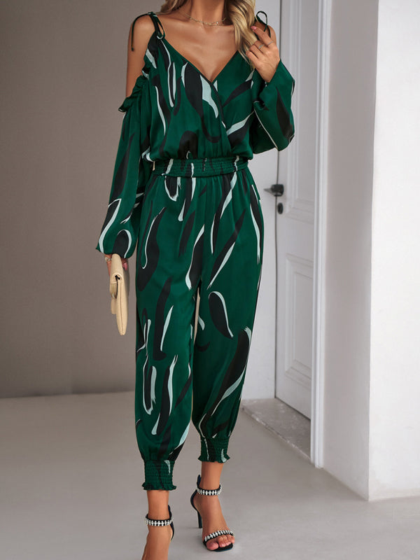 Jumpsuits- Abstract Print Cold Shoulders Long Sleeve Jumpsuit Pantsuit- - Pekosa Women Clothing