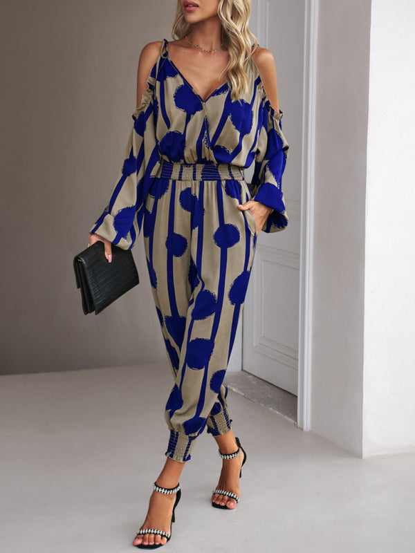 Jumpsuits- Abstract Print Cold Shoulders Long Sleeve Jumpsuit Pantsuit- - Pekosa Women Clothing