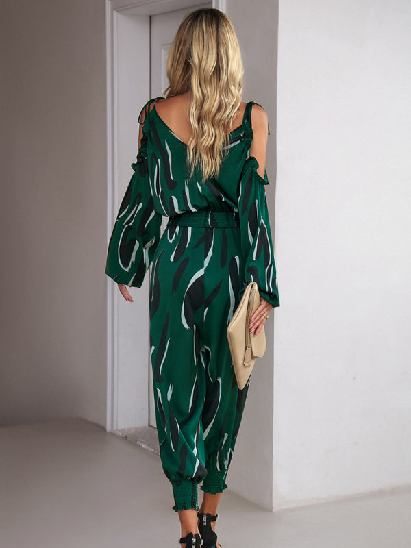 Jumpsuits- Abstract Print Cold Shoulders Long Sleeve Jumpsuit Pantsuit- - Pekosa Women Clothing