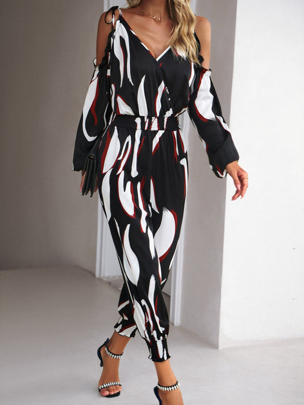 Jumpsuits- Abstract Print Cold Shoulders Long Sleeve Jumpsuit Pantsuit- - Pekosa Women Clothing