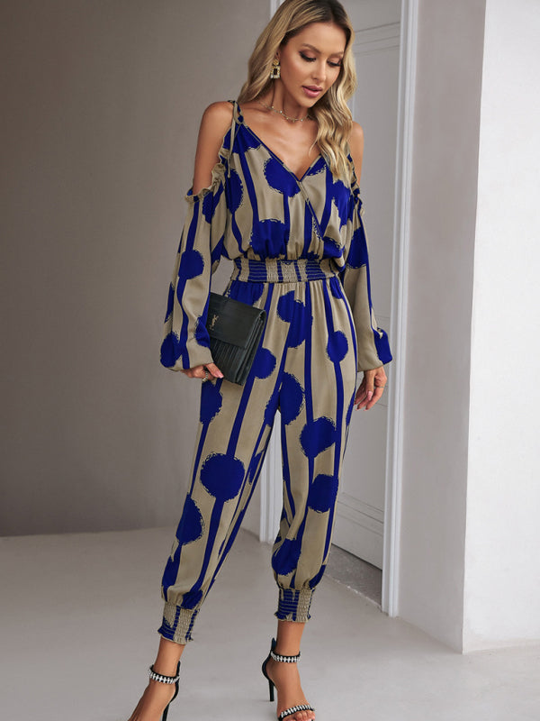 Jumpsuits- Abstract Print Cold Shoulders Long Sleeve Jumpsuit Pantsuit- - Pekosa Women Clothing