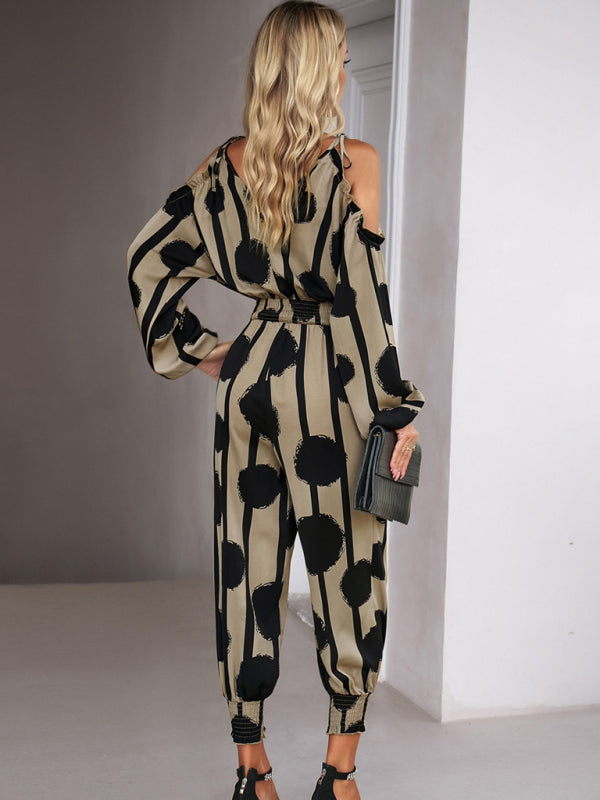 Jumpsuits- Abstract Print Cold Shoulders Long Sleeve Jumpsuit Pantsuit- - Pekosa Women Clothing