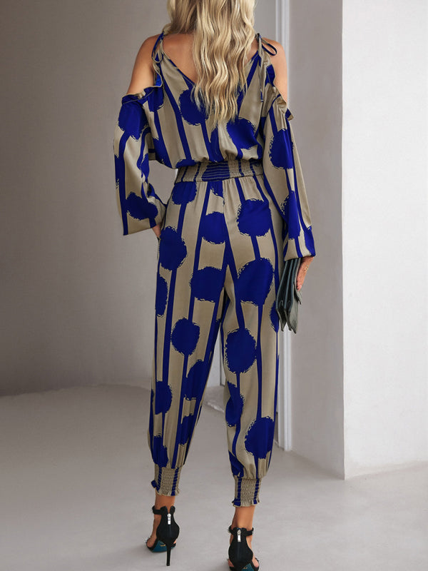 Jumpsuits- Abstract Print Cold Shoulders Long Sleeve Jumpsuit Pantsuit- - Pekosa Women Clothing