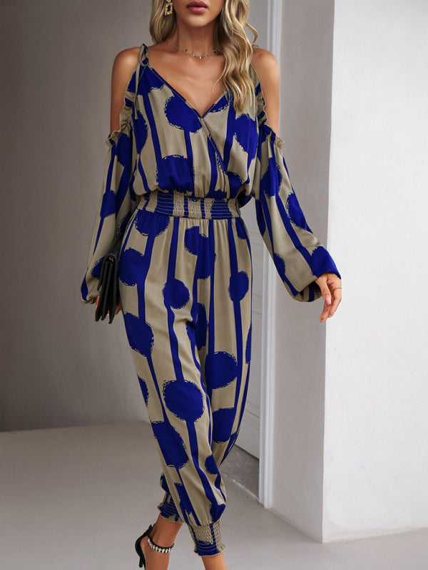 Jumpsuits- Abstract Print Cold Shoulders Long Sleeve Jumpsuit Pantsuit- - Pekosa Women Clothing