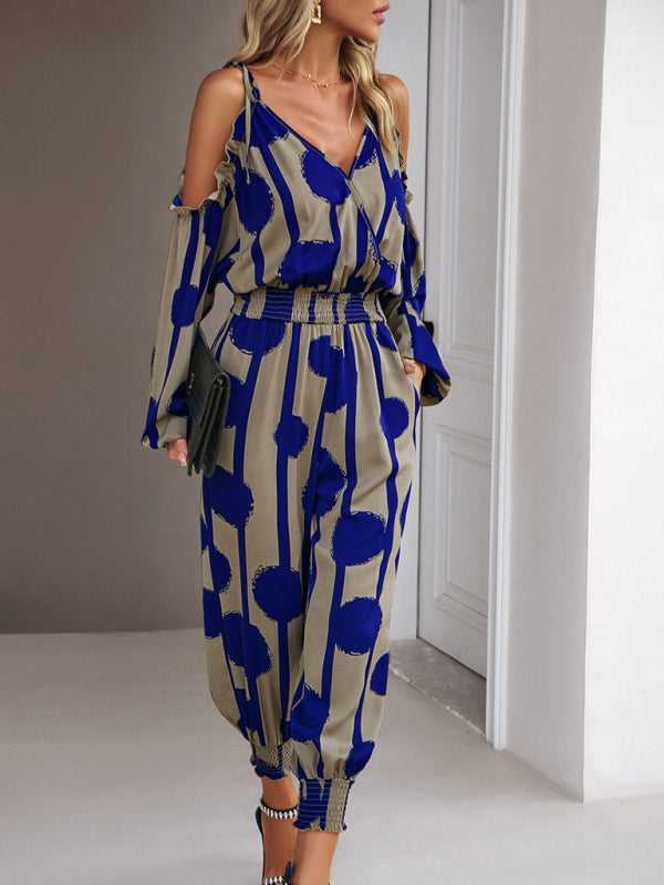 Jumpsuits- Abstract Print Cold Shoulders Long Sleeve Jumpsuit Pantsuit- - Pekosa Women Clothing