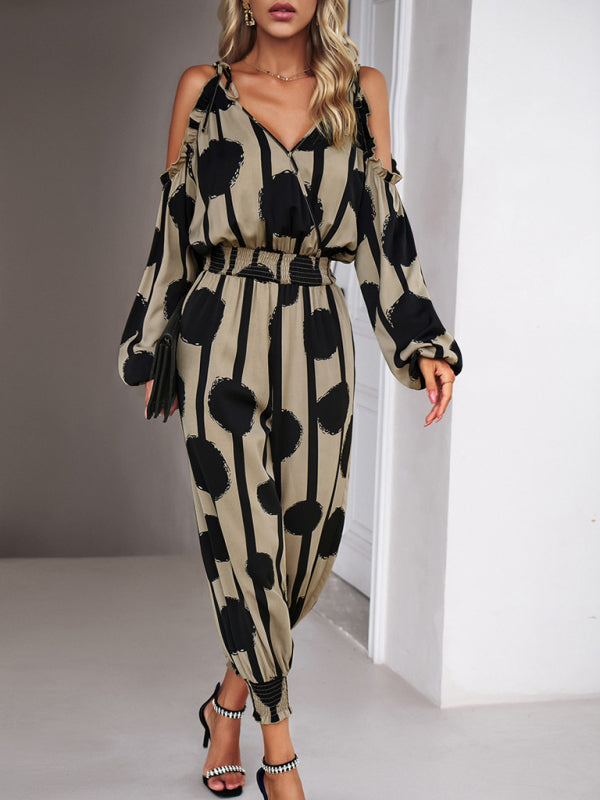 Jumpsuits- Abstract Print Cold Shoulders Long Sleeve Jumpsuit Pantsuit- - Pekosa Women Clothing