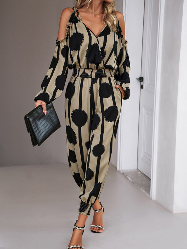 Jumpsuits- Abstract Print Cold Shoulders Long Sleeve Jumpsuit Pantsuit- - Pekosa Women Clothing