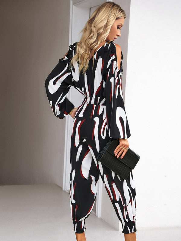 Jumpsuits- Abstract Print Cold Shoulders Long Sleeve Jumpsuit Pantsuit- - Pekosa Women Clothing