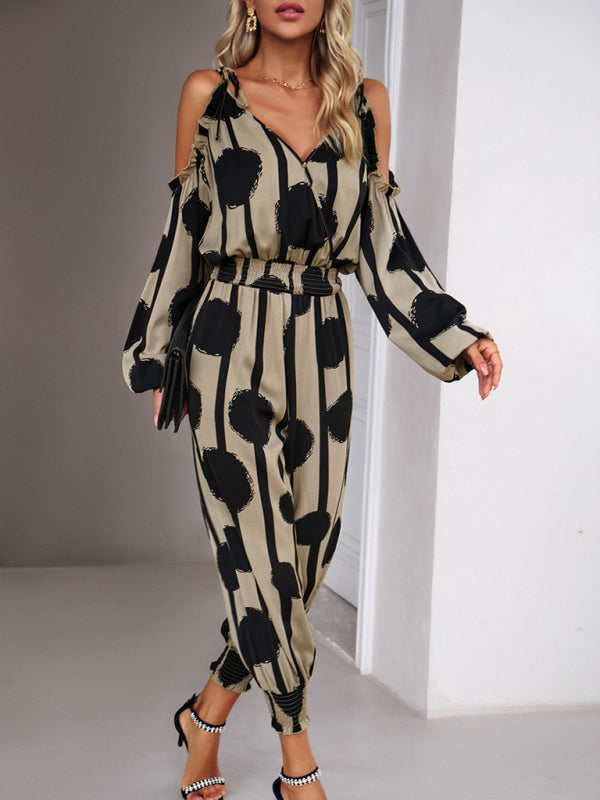 Jumpsuits- Abstract Print Cold Shoulders Long Sleeve Jumpsuit Pantsuit- - Pekosa Women Clothing