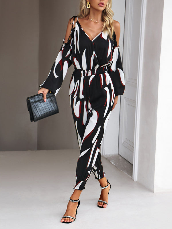 Jumpsuits- Abstract Print Cold Shoulders Long Sleeve Jumpsuit Pantsuit- - Pekosa Women Clothing