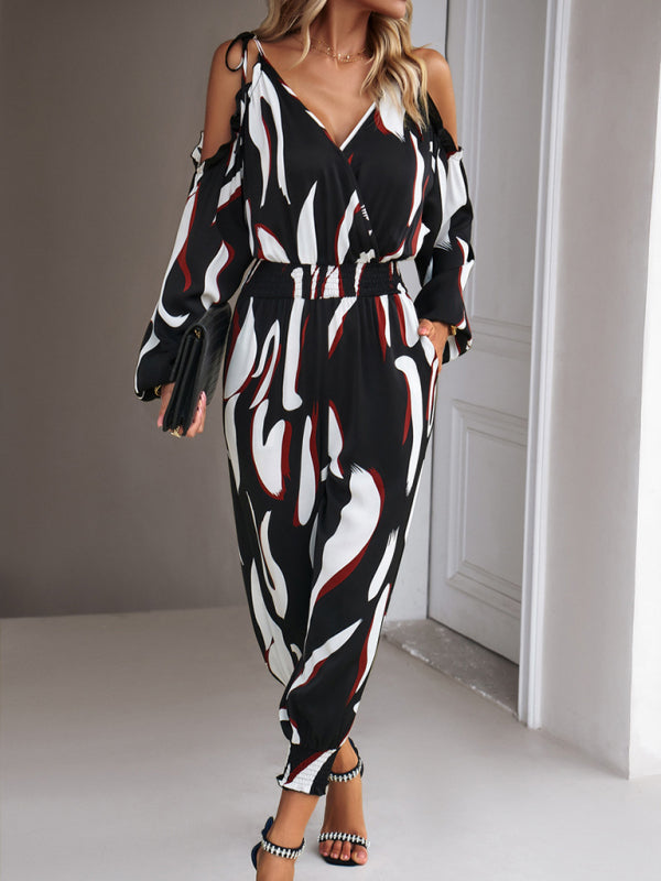 Jumpsuits- Abstract Print Cold Shoulders Long Sleeve Jumpsuit Pantsuit- - Pekosa Women Clothing
