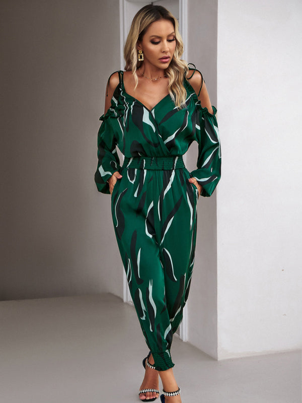 Jumpsuits- Abstract Print Cold Shoulders Long Sleeve Jumpsuit Pantsuit- - Pekosa Women Clothing