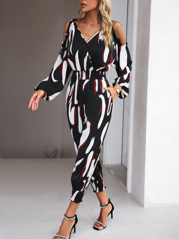 Jumpsuits- Abstract Print Cold Shoulders Long Sleeve Jumpsuit Pantsuit- - Pekosa Women Clothing