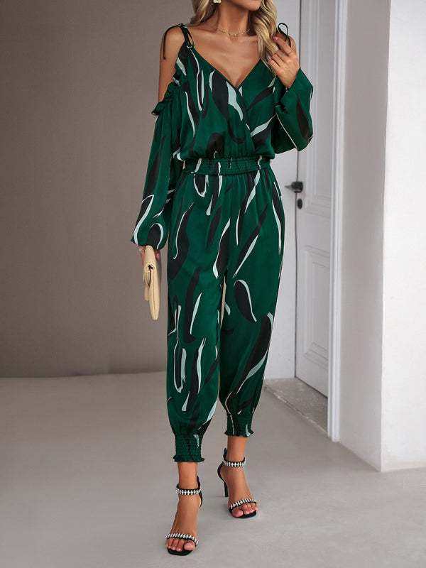 Jumpsuits- Abstract Print Cold Shoulders Long Sleeve Jumpsuit Pantsuit- Green- Pekosa Women Clothing