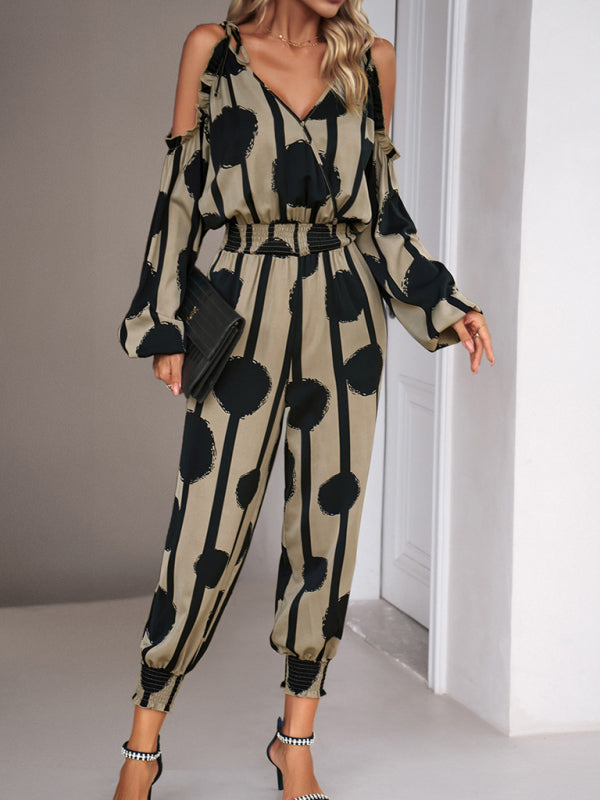 Jumpsuits- Abstract Print Cold Shoulders Long Sleeve Jumpsuit Pantsuit- Coffee- Pekosa Women Clothing