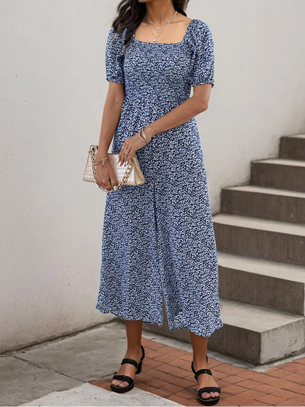 Floral Print Jumpsuit - Women's Square Neck Wide-Leg Playsuit with Smocked Bodice