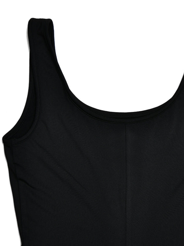 Jumpsuits- Full-Length Mesh Accented Jumpsuit - Solid Sleeveless Playsuit- - Pekosa Women Clothing