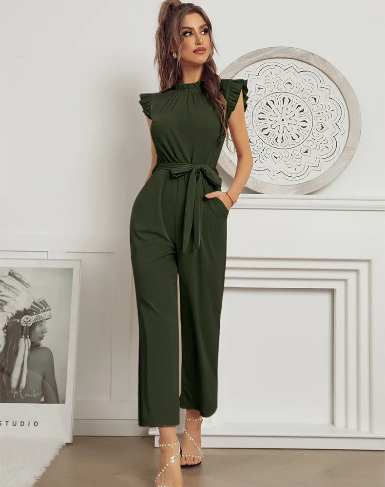 Jumpsuits- Solid Belted Jumpsuit - Women's Full-Length Playsuit with Frill Collar- - Pekosa Women Fashion