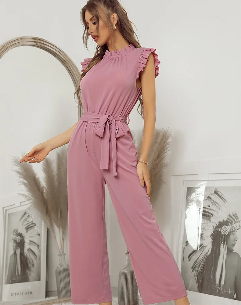 Jumpsuits- Solid Belted Jumpsuit - Women's Full-Length Playsuit with Frill Collar- - Pekosa Women Fashion