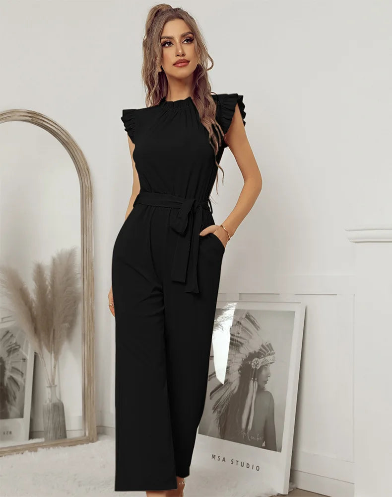 Jumpsuits- Solid Belted Jumpsuit - Women's Full-Length Playsuit with Frill Collar- - Pekosa Women Fashion