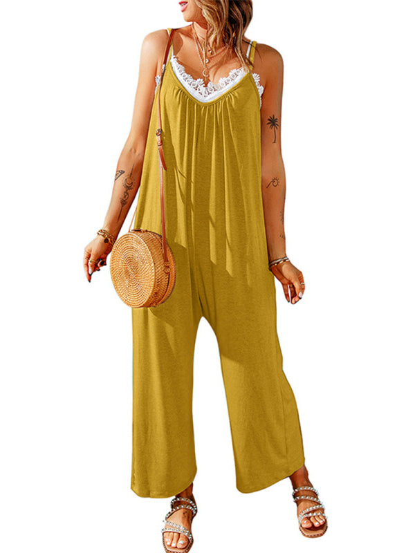 Jumpsuits- Solid Oversized Jumpsuit with Pockets – Essential Cami Playsuit- Yellow- Pekosa Women Clothing