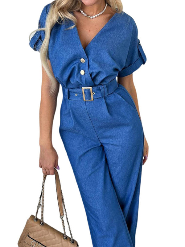 Jumpsuits- Solid Straight-Leg Short Sleeve V-Neck Belted Jumpsuit- - Pekosa Women Clothing