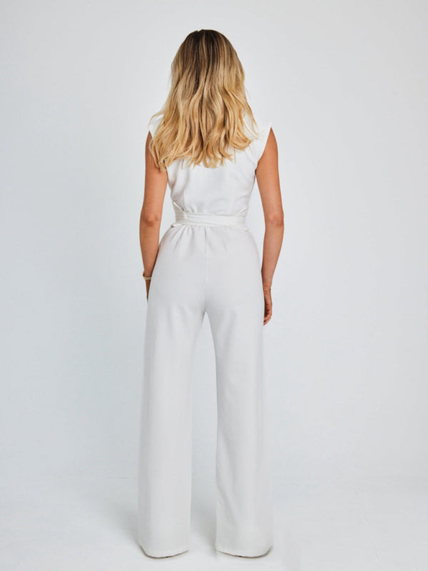 Jumpsuits- Wrap Belt Tie Jumpsuit | Stand Collar Wide-Leg Playsuit- - Pekosa Women Clothing