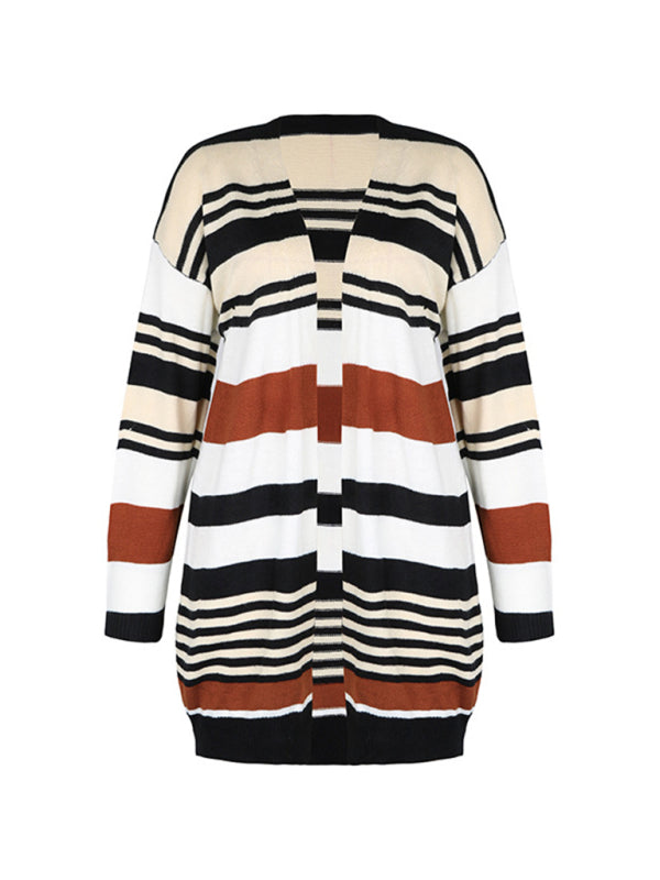 Knit Cardigans- Knit Oversize Color Block Mid Length Cardigan- - Pekosa Women Clothing