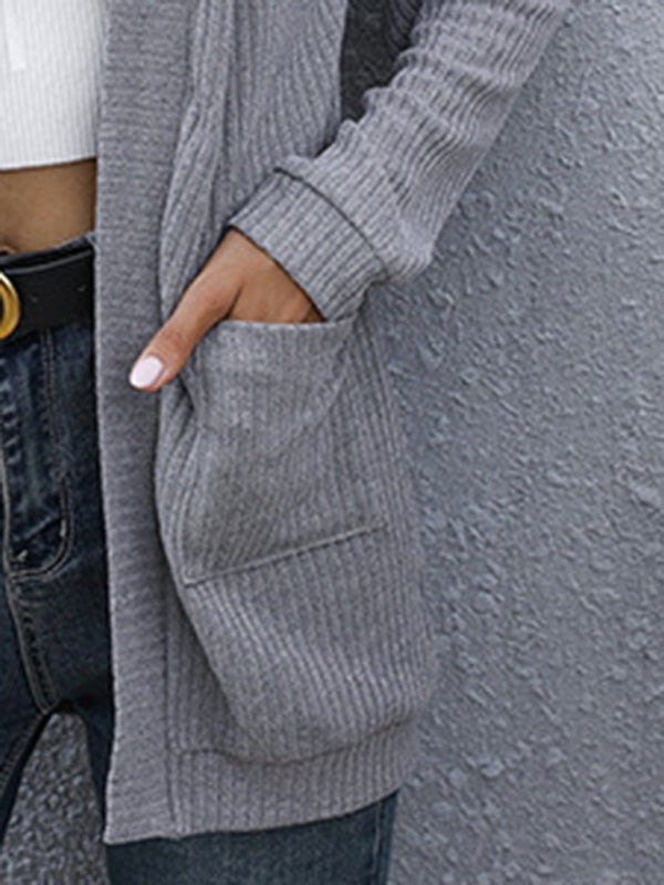 Knit Cardigans- Ribbed Knitted Open-Front Mid-Length Cardigan with Pockets- - Pekosa Women Clothing