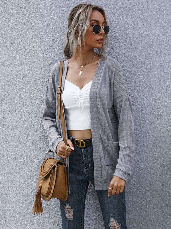 Knit Cardigans- Ribbed Knitted Open-Front Mid-Length Cardigan with Pockets- - Pekosa Women Clothing