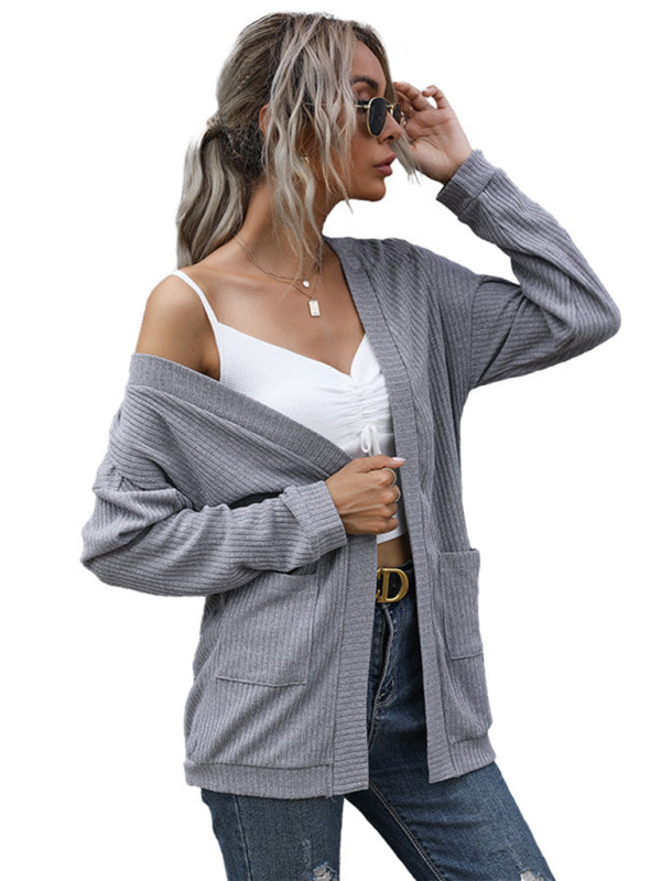 Knit Cardigans- Ribbed Knitted Open-Front Mid-Length Cardigan with Pockets- - Pekosa Women Clothing