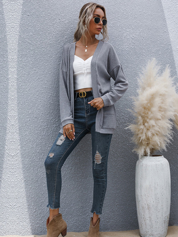 Knit Cardigans- Ribbed Knitted Open-Front Mid-Length Cardigan with Pockets- - Pekosa Women Clothing