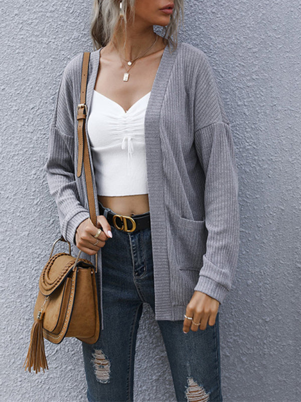 Knit Cardigans- Ribbed Knitted Open-Front Mid-Length Cardigan with Pockets- - Pekosa Women Clothing