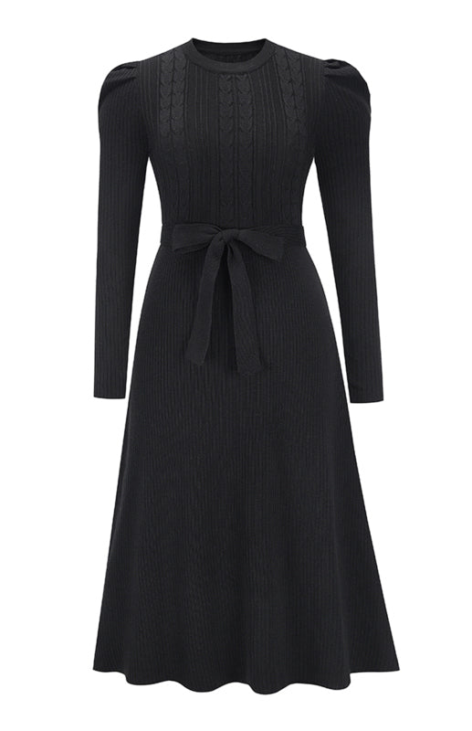 Knit Dresses- Dress-Up Long Puff Sleeve Sweater Dress: A-Line, Cable Knit Design- - Pekosa Women Clothing