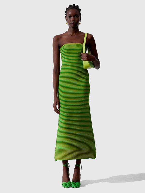 Knit Dresses- Stripe Knitted Tube Semi Mermaid Maxi Dress- Green- Pekosa Women Clothing