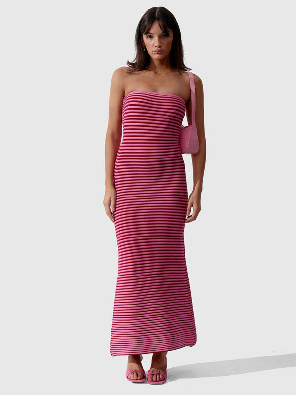 Knit Dresses- Stripe Knitted Tube Semi Mermaid Maxi Dress- Rose- Pekosa Women Clothing