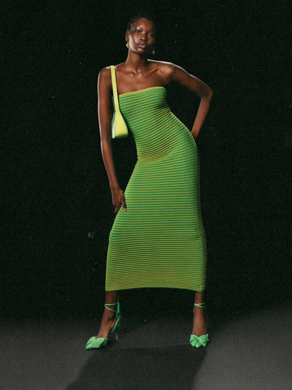 Knit Dresses- Stripe Knitted Tube Semi Mermaid Maxi Dress- - Pekosa Women Clothing