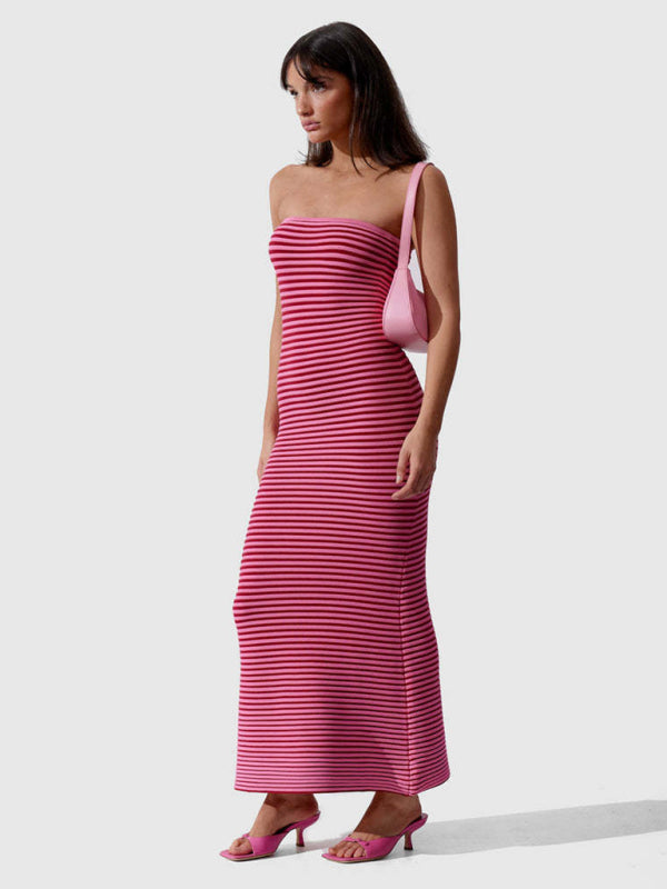 Knit Dresses- Stripe Knitted Tube Semi Mermaid Maxi Dress- - Pekosa Women Clothing